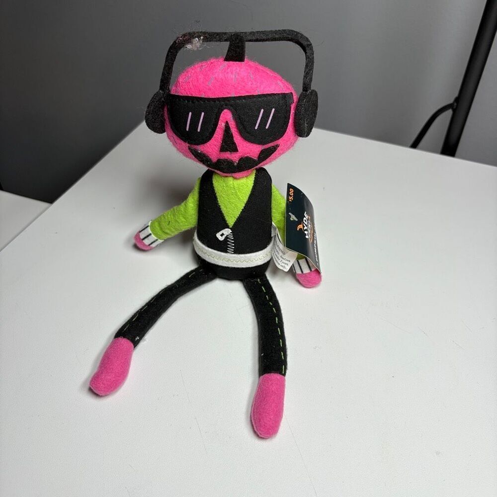 Hyde & EEK! Plush DJ Skeleton Doll – Neon Pink & Green Halloween Decor